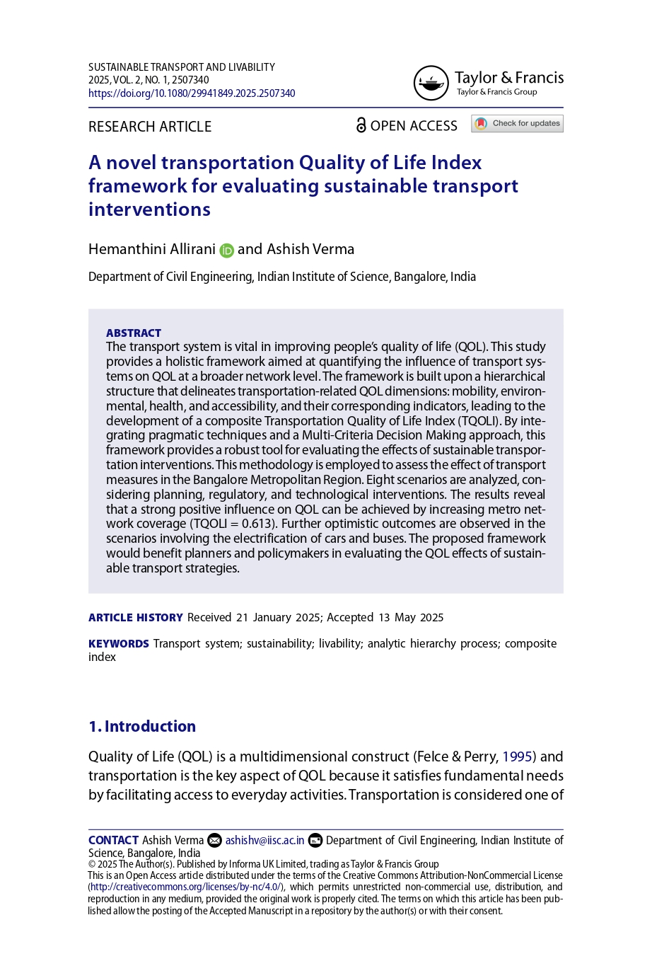 A novel transportation Quality of Life Index framework for evaluating ...